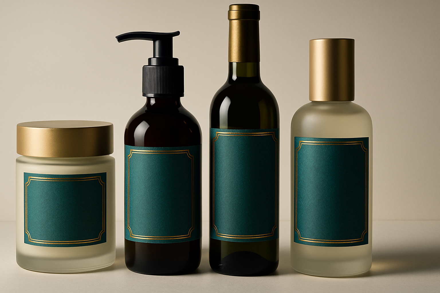 A row of premium product bottles with custom printed labels