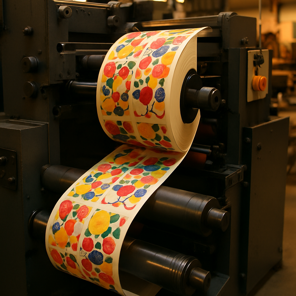 Flexographic press printing a roll of labels
